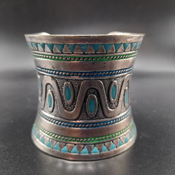 Vintage Turquoise Enamel Curved Cuff Bracelet, 2 1/2 In Wide, Silver Tone - Picture 1 of 10